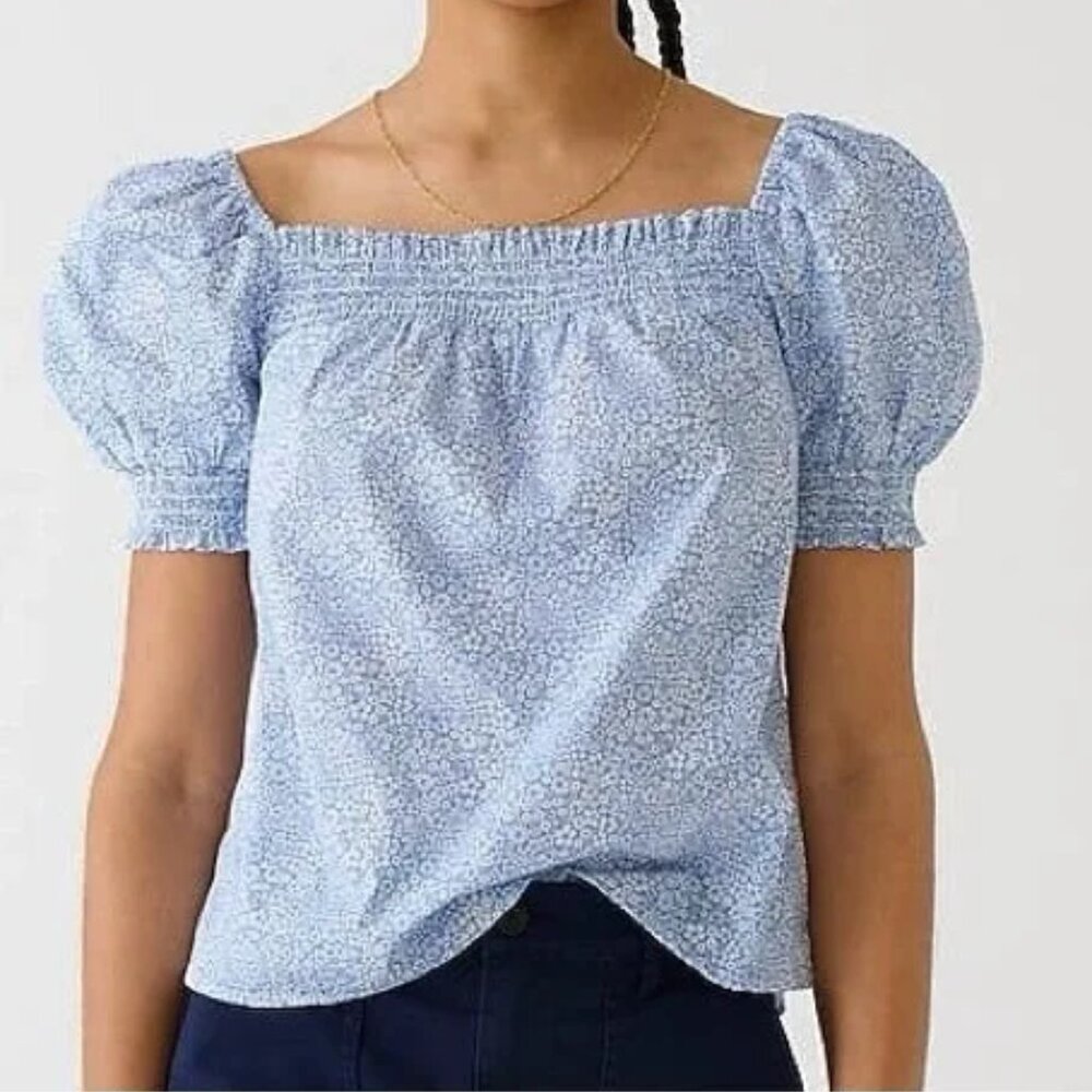J. CREW Liberty Jacqueline Fabric Blue White Floral Puff Sleeve Smocked Blouse M